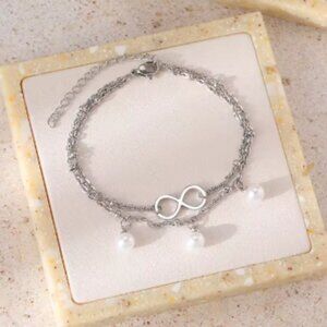 Infinity Pearl Layered Silver Tone Charm Bracelet, Adjustable Length Bead Bangle